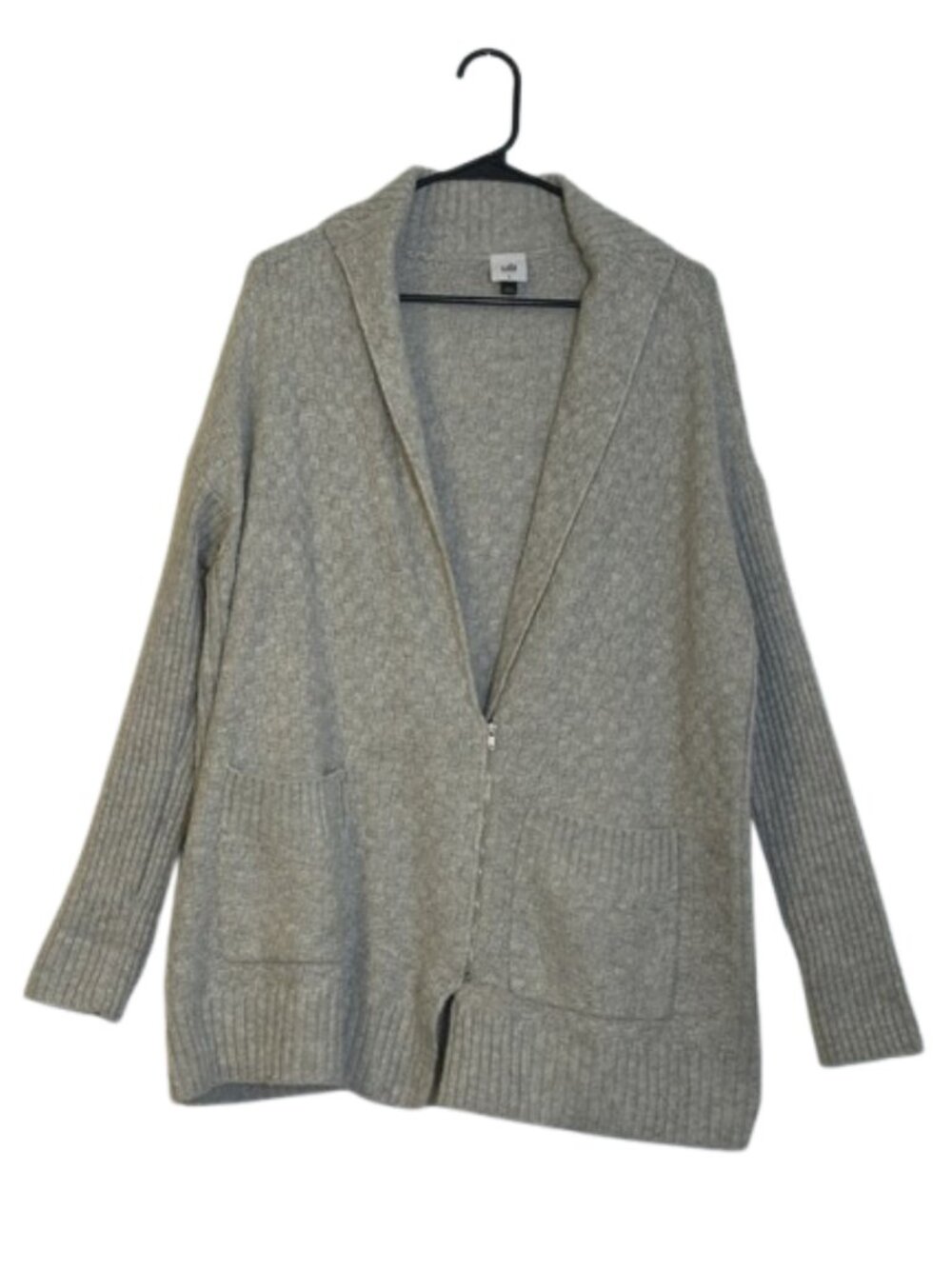 CAbi Zip Front Knit Sweater Cardigan Womens Large Ribbed Sleeves Pockets Slouchy